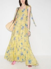 LoveShackFancy Burrows floral maxi dress in yellow – long tiered shoulder tie dresses