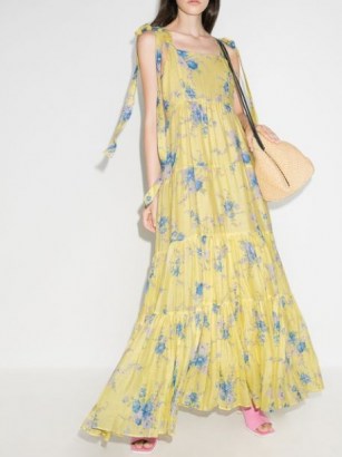 LoveShackFancy Burrows floral maxi dress in yellow – long tiered shoulder tie dresses - flipped