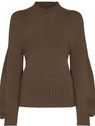 Low Classic ribbed-knit puff-sleeve jumper dark brown ~ high neck jumpers ~ knitwear - flipped