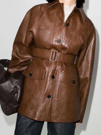 LVIR Signature Stitch belted jacket in brown ~ longline vegan leather jackets