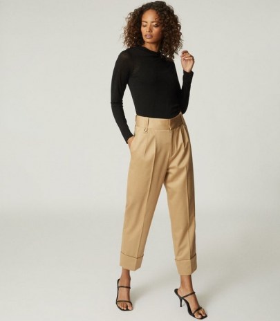 REISS MAE WOOL BLEND PLEAT FRONT TROUSERS GOLD / turn up detailed hems / smart pleated pants - flipped