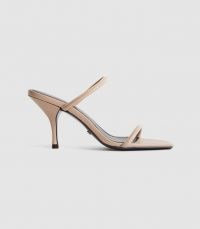 REISS MAGDA LEATHER STRAPPY HEELED SANDALS NUDE ~ two strap mules