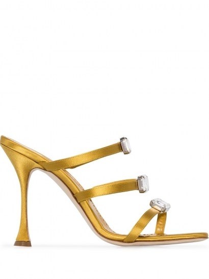 Manolo Blahnik Nudosa 105mm crystal-embellished mules in gold satin / strappy crystal high heel mule ❤️ - flipped