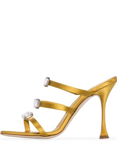 Manolo Blahnik Nudosa 105mm crystal-embellished mules in gold satin / strappy crystal high heel mule ❤️