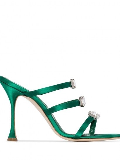 Manolo Blahnik Nudosa 105mm crystal-embellished sandals in green / glamorous triple strap heels - flipped