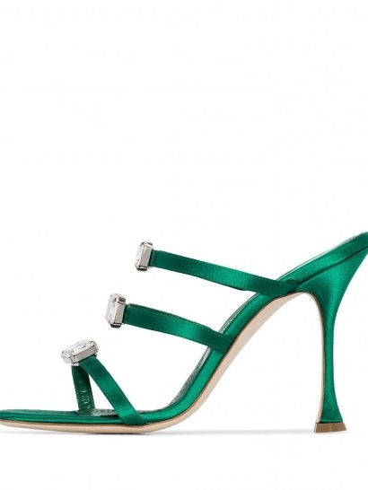 Manolo Blahnik Nudosa 105mm crystal-embellished sandals in green / glamorous triple strap heels