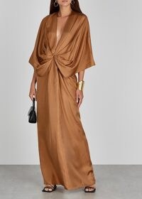 MARK KENLY DOMINO TAN Darja brown draped silk maxi dress ~ deep V-neckline event dresses