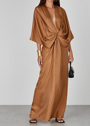 MARK KENLY DOMINO TAN Darja brown draped silk maxi dress ~ deep V-neckline event dresses - flipped
