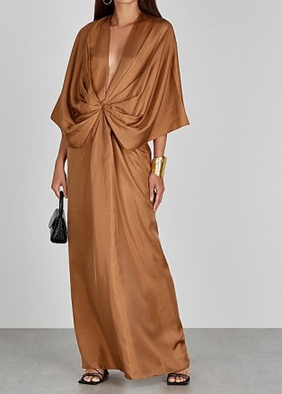 MARK KENLY DOMINO TAN Darja brown draped silk maxi dress ~ deep V-neckline event dresses