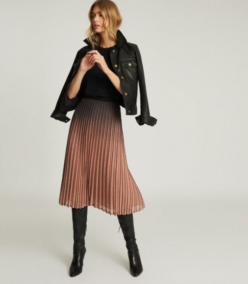 Reiss MARLENE OMBRE PLEATED MIDI SKIRT BLACK/PINK – graduated pink to black metallic skirts