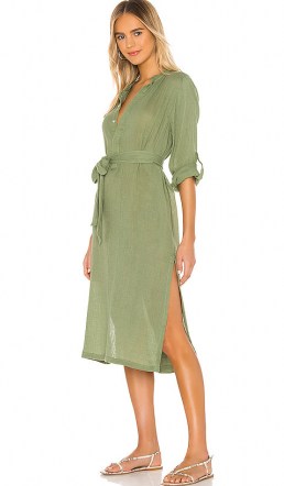 MIKOH Oku Dress Maui Meadow ~ green shirt style midi dresses ~ side slit hemlines - flipped