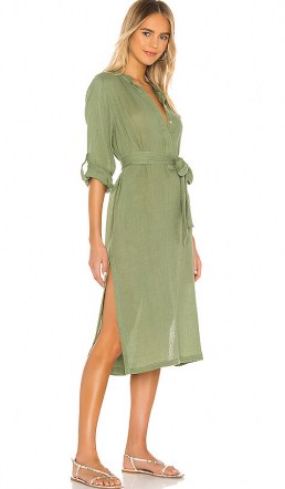 MIKOH Oku Dress Maui Meadow ~ green shirt style midi dresses ~ side slit hemlines