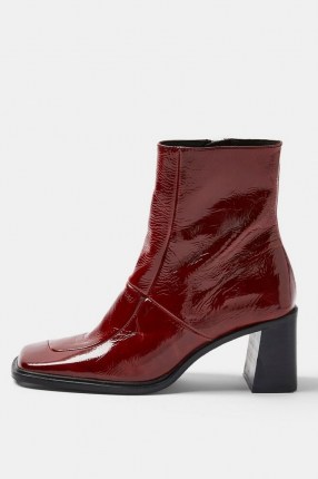 TOPSHOP MILAN Red Block Leather Boots ~ glossy square toe boot ~ block heel - flipped