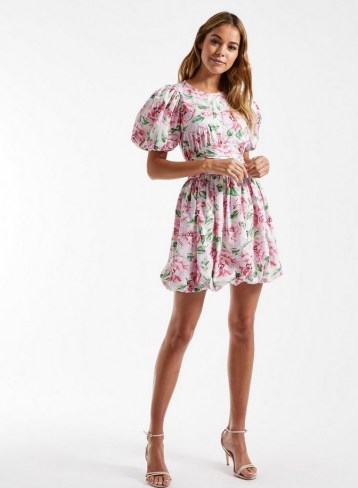 MISS SELFRIDGE Millie Pop Ruche Mini Dress / floral puff sleeve dresses - flipped
