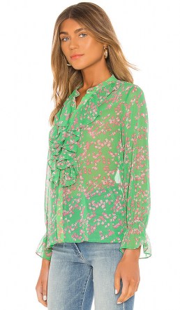 MISA Los Angeles Lillie Top Pink Mini Blooms ~ green front ruffle blouse - flipped