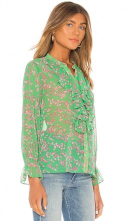 MISA Los Angeles Lillie Top Pink Mini Blooms ~ green front ruffle blouse