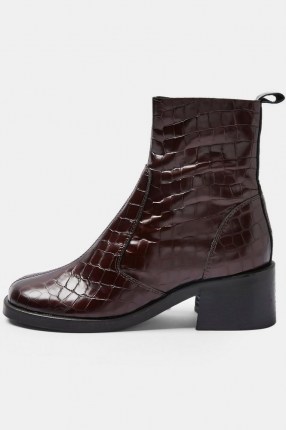 TOPSHOP MOTHER Burgundy Crocodile Round Toe Leather Boots ~ dark red croc effect ankle boot - flipped