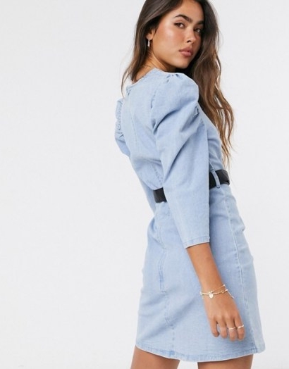 Neon Rose structured mini dress with volume sleeves and embellished belt in denim | casual puff sleeve dresses