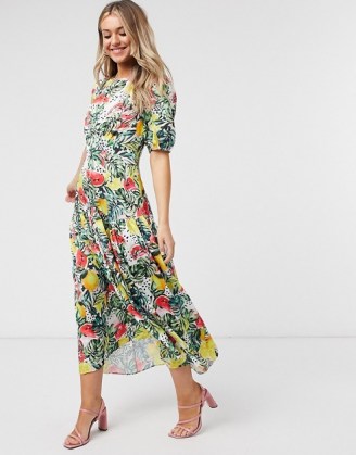 Never Fully Dressed puff sleeve midaxi dress in tropical floral print / drop waist dresses - flipped