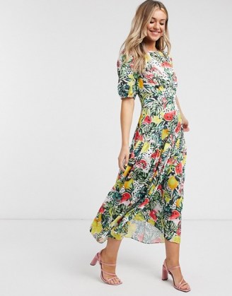 Never Fully Dressed puff sleeve midaxi dress in tropical floral print / drop waist dresses