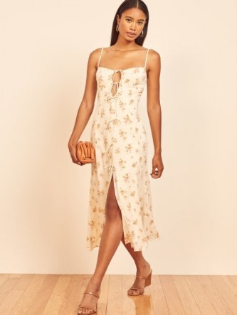REFORMATION Nixie Dress / floral skinny strap dresses / front tie details / split hem