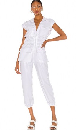 Norma Kamali Sleeveless Cargo Jumpsuit White Foil / high shine crop leg jumpsuits