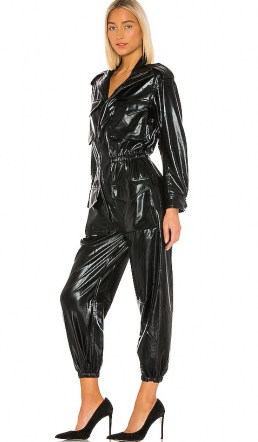 Norma Kamali Turtle Cargo Jumpsuit Black Foil / shiny jumpsuits / faux leather fashion - flipped