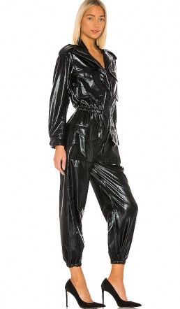 Norma Kamali Turtle Cargo Jumpsuit Black Foil / shiny jumpsuits / faux leather fashion