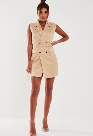MISSGUIDED nude sleeveless belted blazer dress ~ going out jacket dresses ~ party fashion - flipped