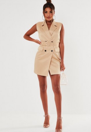 MISSGUIDED nude sleeveless belted blazer dress ~ going out jacket dresses ~ party fashion