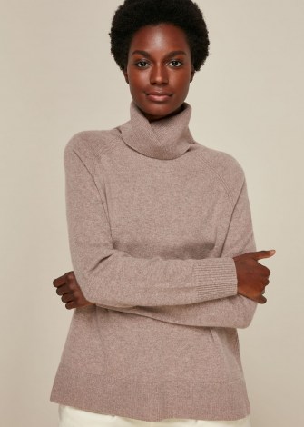 WHISTLES CASHMERE ROLL NECK KNIT OATMEAL / neutral high neck knits / jumpers / soft luxe knitwear - flipped