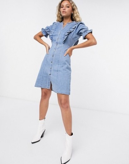 Object denim mini dress with button front and frill detail in light blue | casual ruffle trimmed dresses | weekend style - flipped