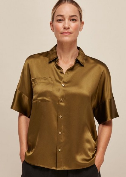 Whistles RELAXED SILK SATIN SHIRT in OLIVE – wardrobe essentials – silky shirts - flipped