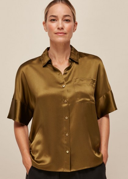 Whistles RELAXED SILK SATIN SHIRT in OLIVE – wardrobe essentials – silky shirts