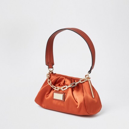 River Island Orange – Dark 3068 Rouched Satin Uarm bag | ruched handbags | chunky chain detail
