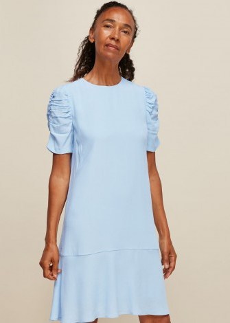 WHISTLES GEORGINA ZIP DRESS PALE BLUE / short ruched sleeves / shift style dresses - flipped