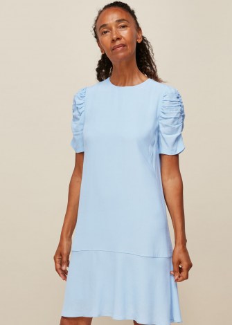 WHISTLES GEORGINA ZIP DRESS PALE BLUE / short ruched sleeves / shift style dresses