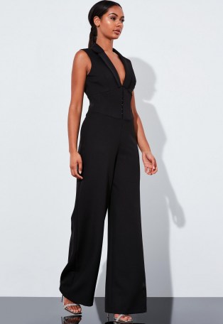Missguided peace + love black corset wide leg jumpsuit | sleeveless fitted waist jumpsuits | going out evening fashion - flipped