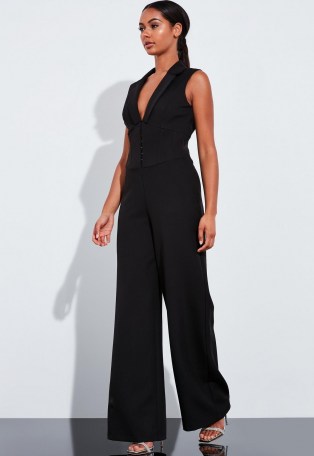 Missguided peace + love black corset wide leg jumpsuit | sleeveless fitted waist jumpsuits | going out evening fashion