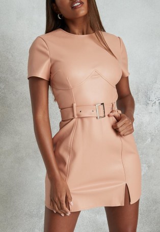 MISSGUIDED peach faux leather bust detail belted dress ~ fitted going out dresses - flipped