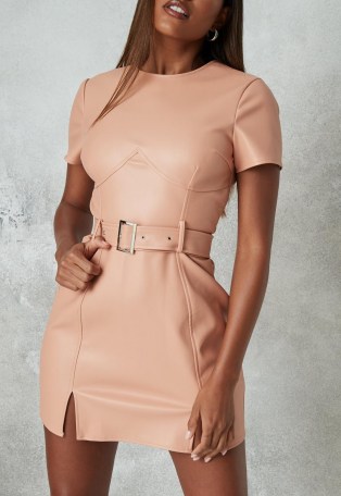 MISSGUIDED peach faux leather bust detail belted dress ~ fitted going out dresses