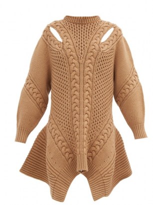 ALEXANDER MCQUEEN Peplum-hem wool-blend sweater dress in camel / brown chunky jumper dresses / designer knitwear - flipped