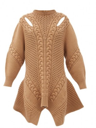 ALEXANDER MCQUEEN Peplum-hem wool-blend sweater dress in camel / brown chunky jumper dresses / designer knitwear