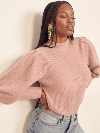 Reformation Perche Ribbed Sweater in Serenade | pink puff sleeve sweaters | rib knit jumpers