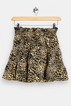 TOPSHOP PETITE Camel Shirred Animal Print Mini Skirt / printed gathered skirts