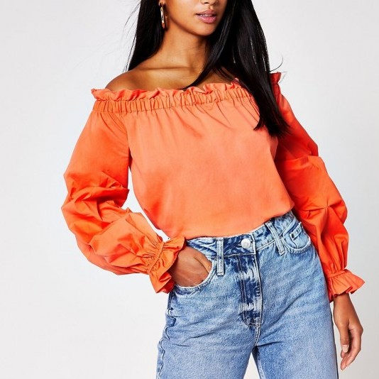 RIVER ISLAND Petite orange ruched long sleeve bardot top / gathered off the shoulder tops - flipped