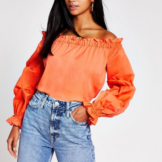 RIVER ISLAND Petite orange ruched long sleeve bardot top / gathered off the shoulder tops