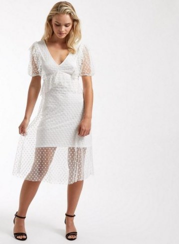 MISS SELFRIDGE PETITE White Mesh Ruffle Midi Dress – petites – sheer overlay occasion wear - flipped