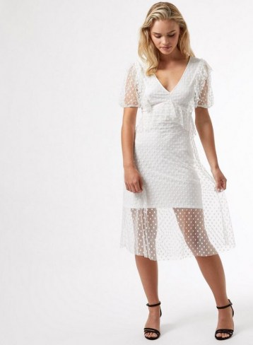 MISS SELFRIDGE PETITE White Mesh Ruffle Midi Dress – petites – sheer overlay occasion wear
