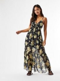 PETITE Yellow Floral Trapeze Maxi Dress / long cami strap dresses